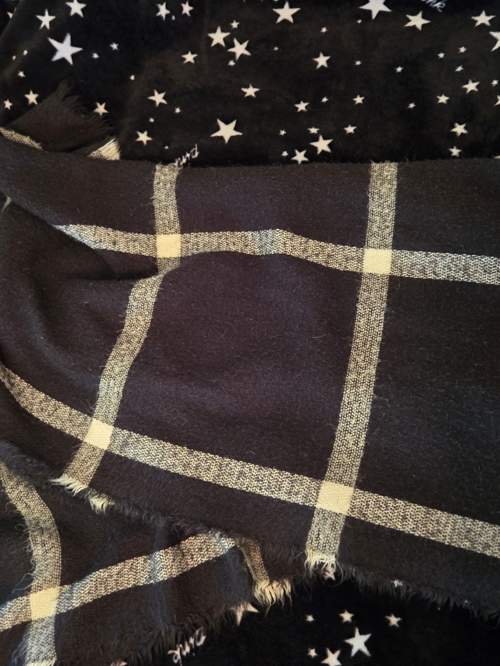 Old Navy Black Plaid Fringe Scarf with White Grid